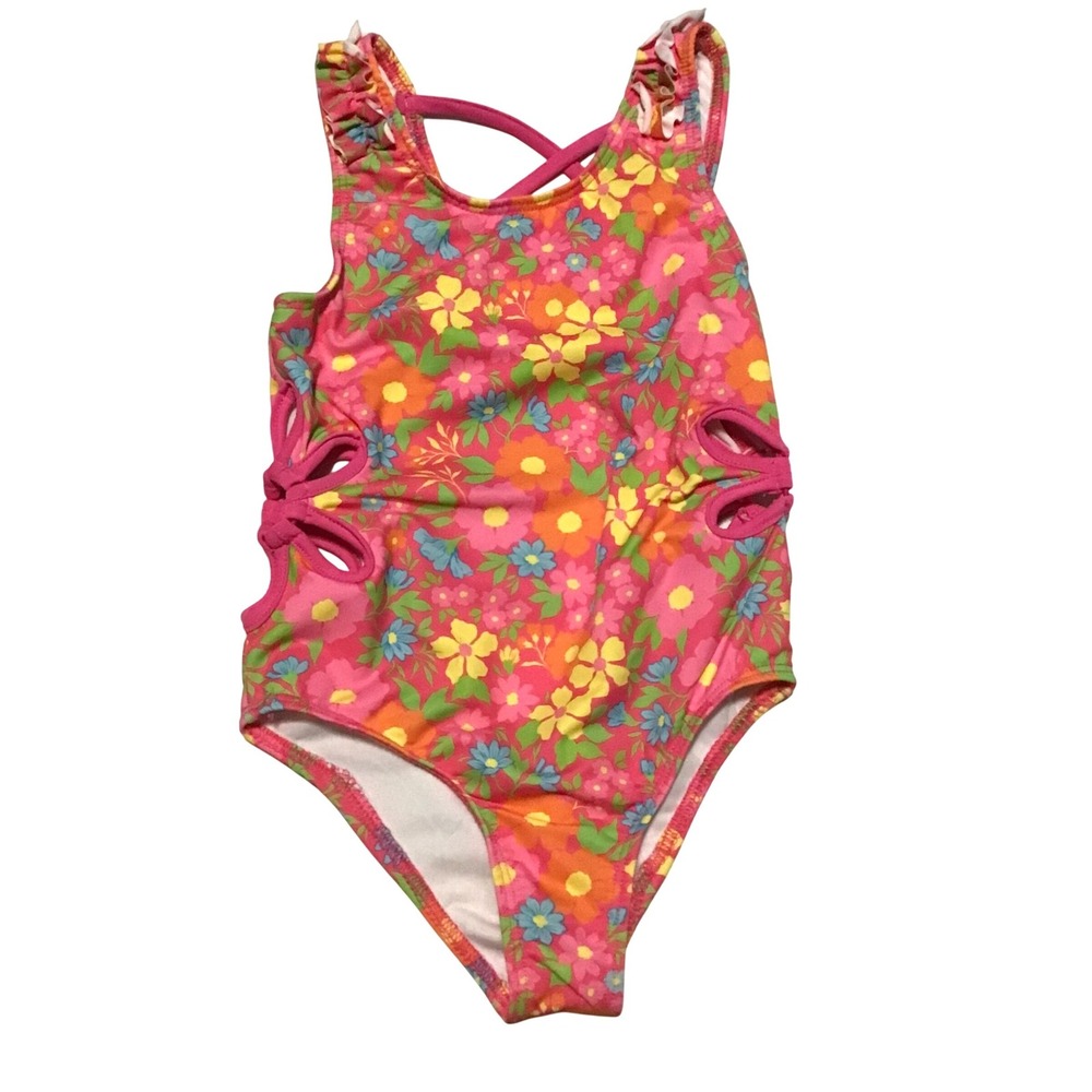 Kinnly Girls Pink Floral One Piece Swimsuit Ruffle Straps Cutout Size 5/6